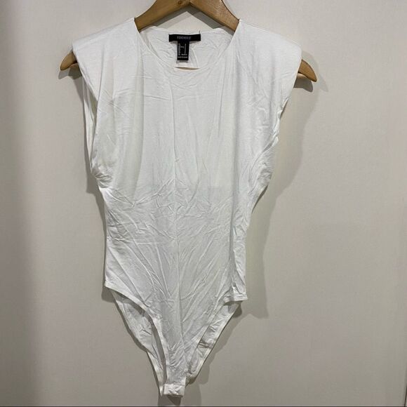 Forever 21 bodysuit white shoulder pads size small button snap - Picture 1 of 8